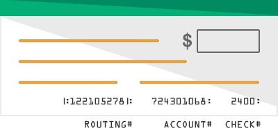 Check example showing routing and account number locations